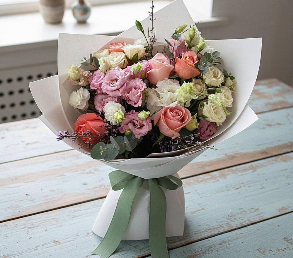 Букет цветов из: Розы, Лизиантусы и Гвоздики в Махновке