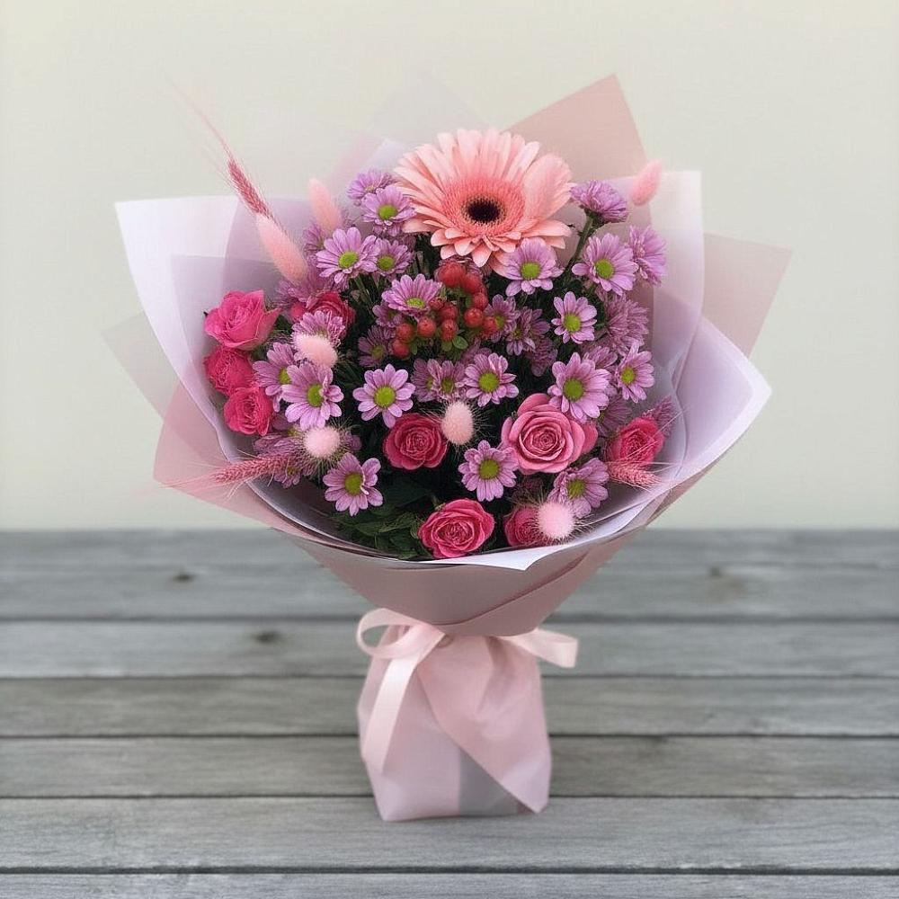 Букет цветов из: Розы, Герберы и Хризантемы в Махновке